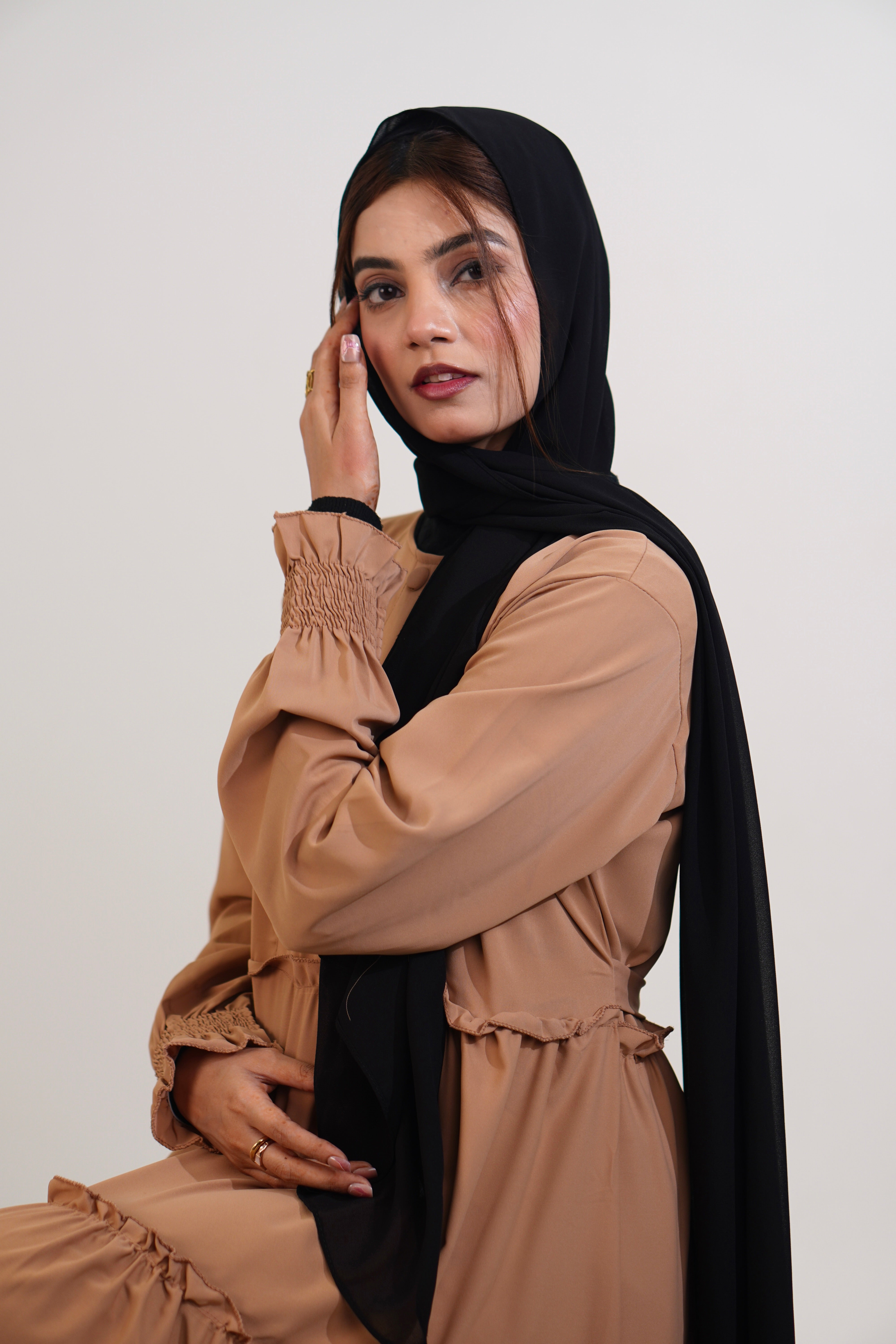 Feriha Ruffled Dress (Matte) - BEIGE