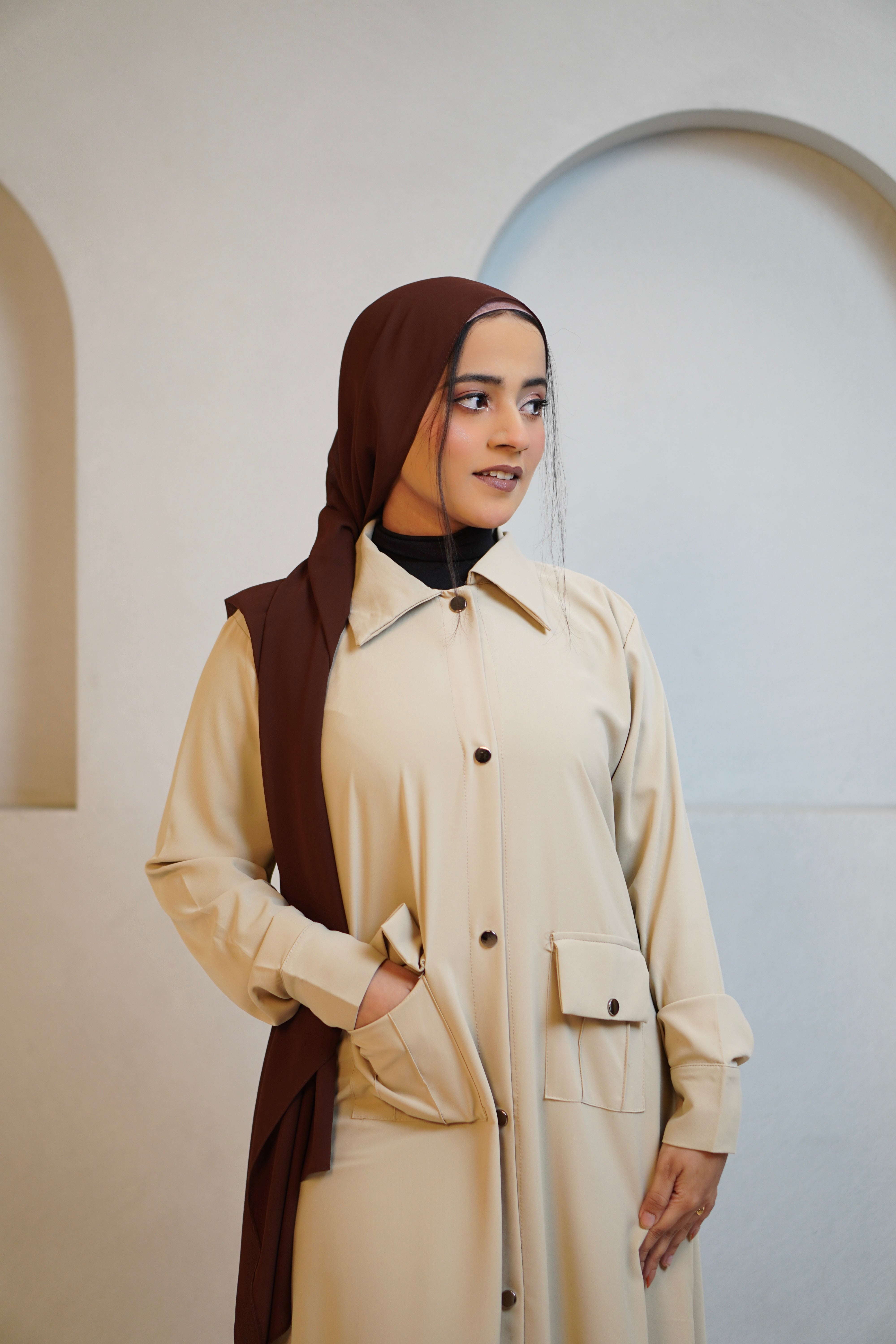 Modest Shirt Dress - Crme Beige anahco Modest Shirt Dress - Crme Beige anahco