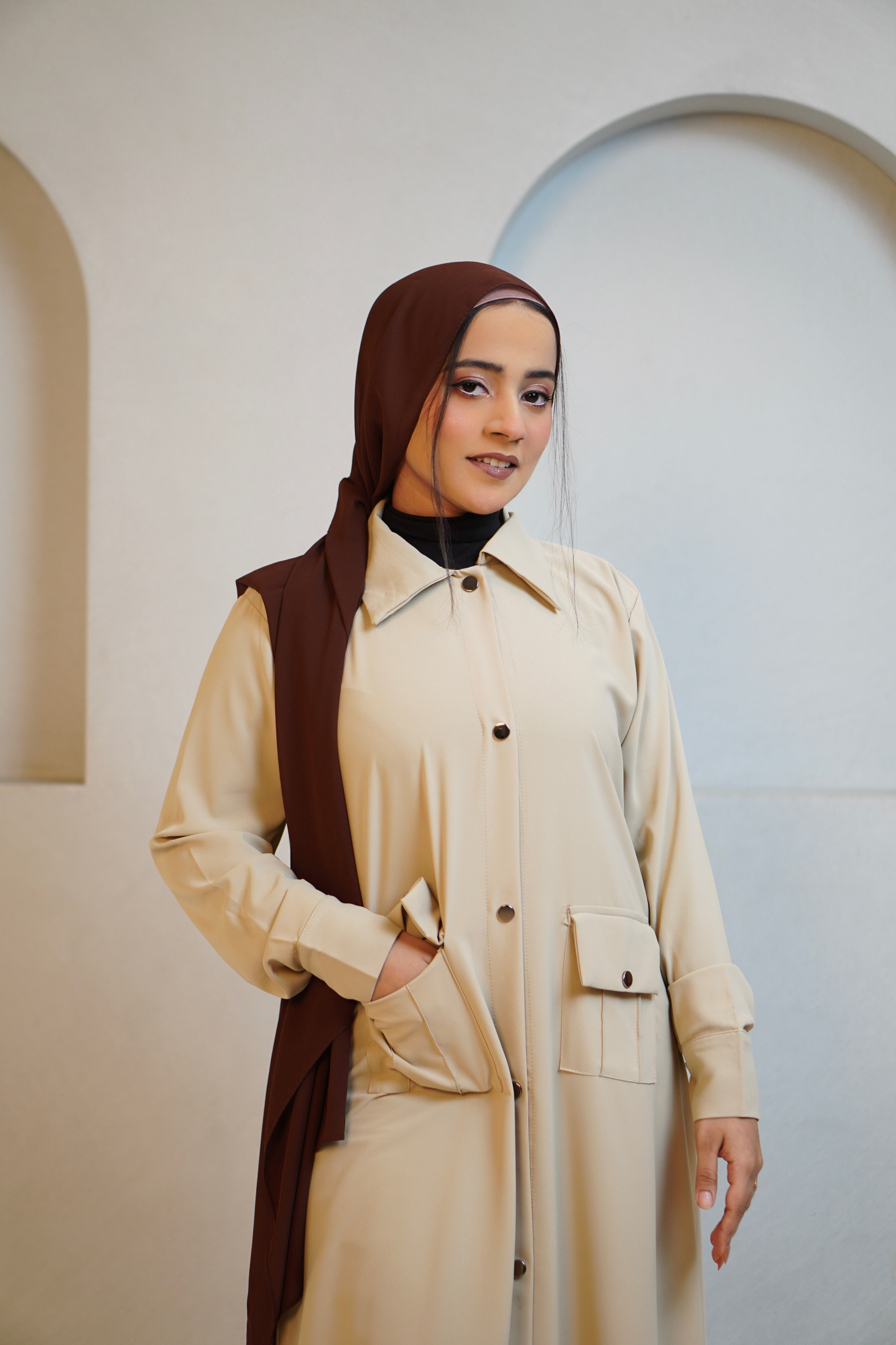 Modest Shirt Dress - Crme Beige anahco Modest Shirt Dress - Crme Beige anahco