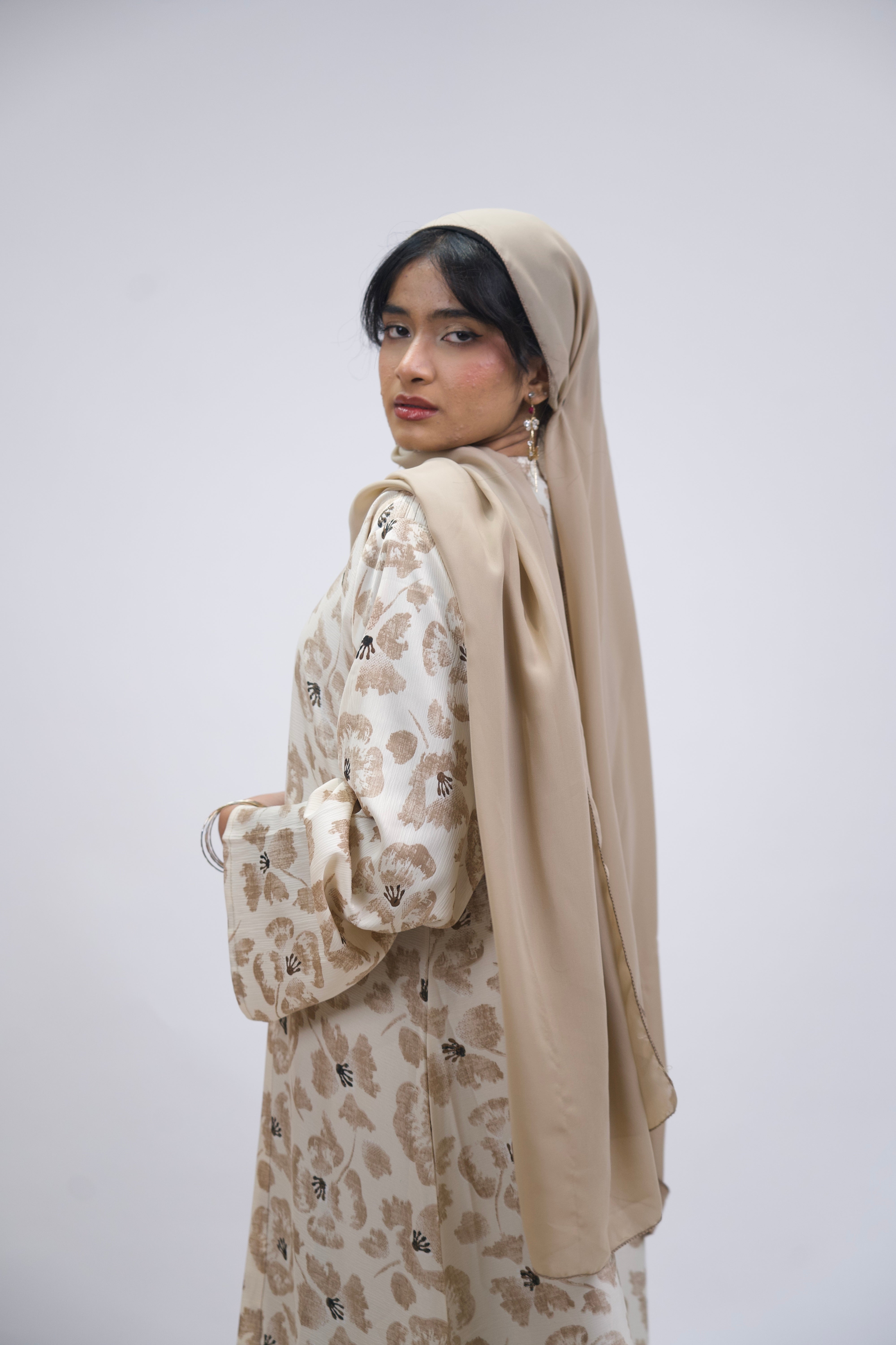 FLORAL PRINTED ABAYAH - BEIGE