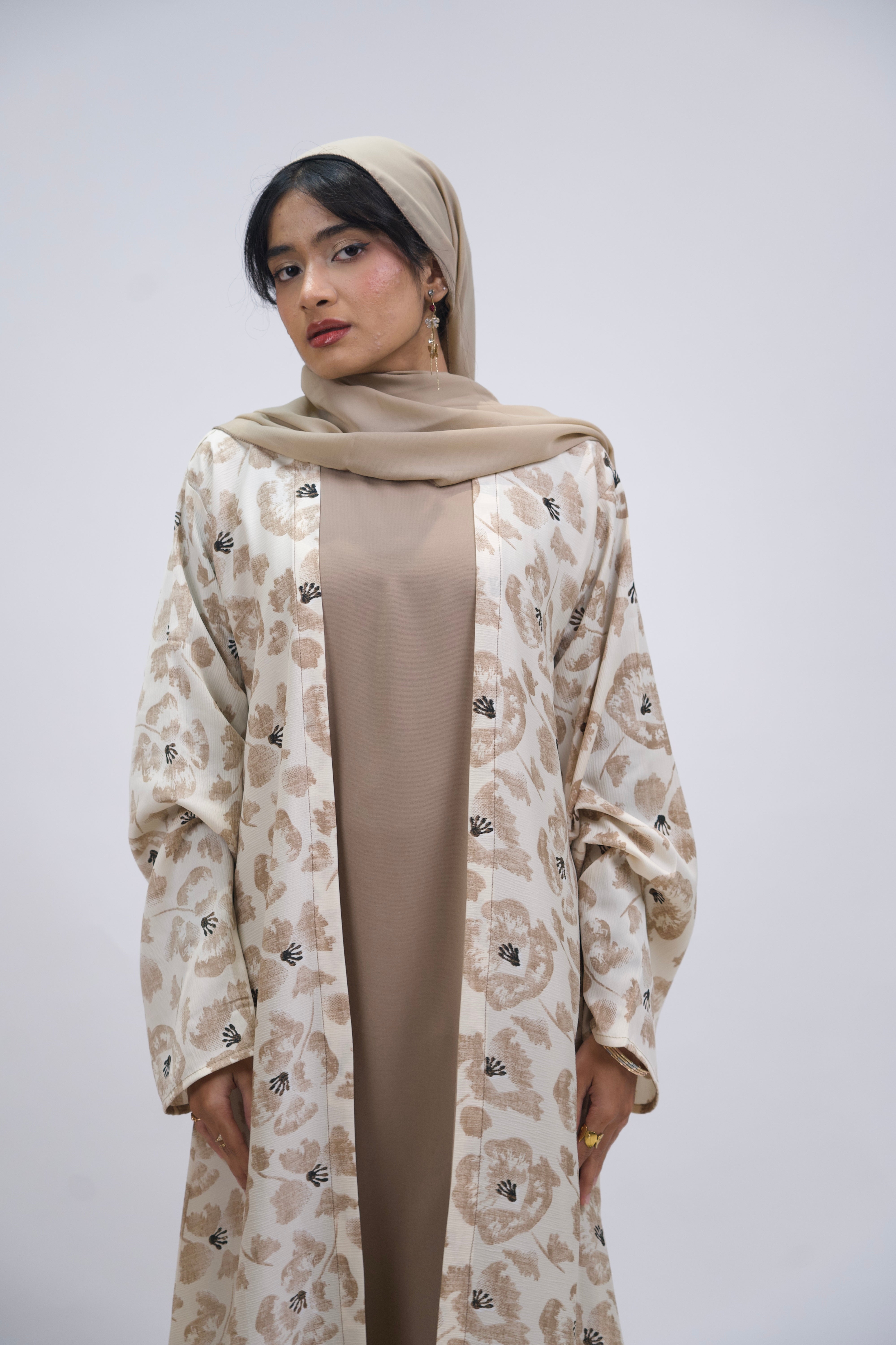 FLORAL PRINTED ABAYAH - BEIGE