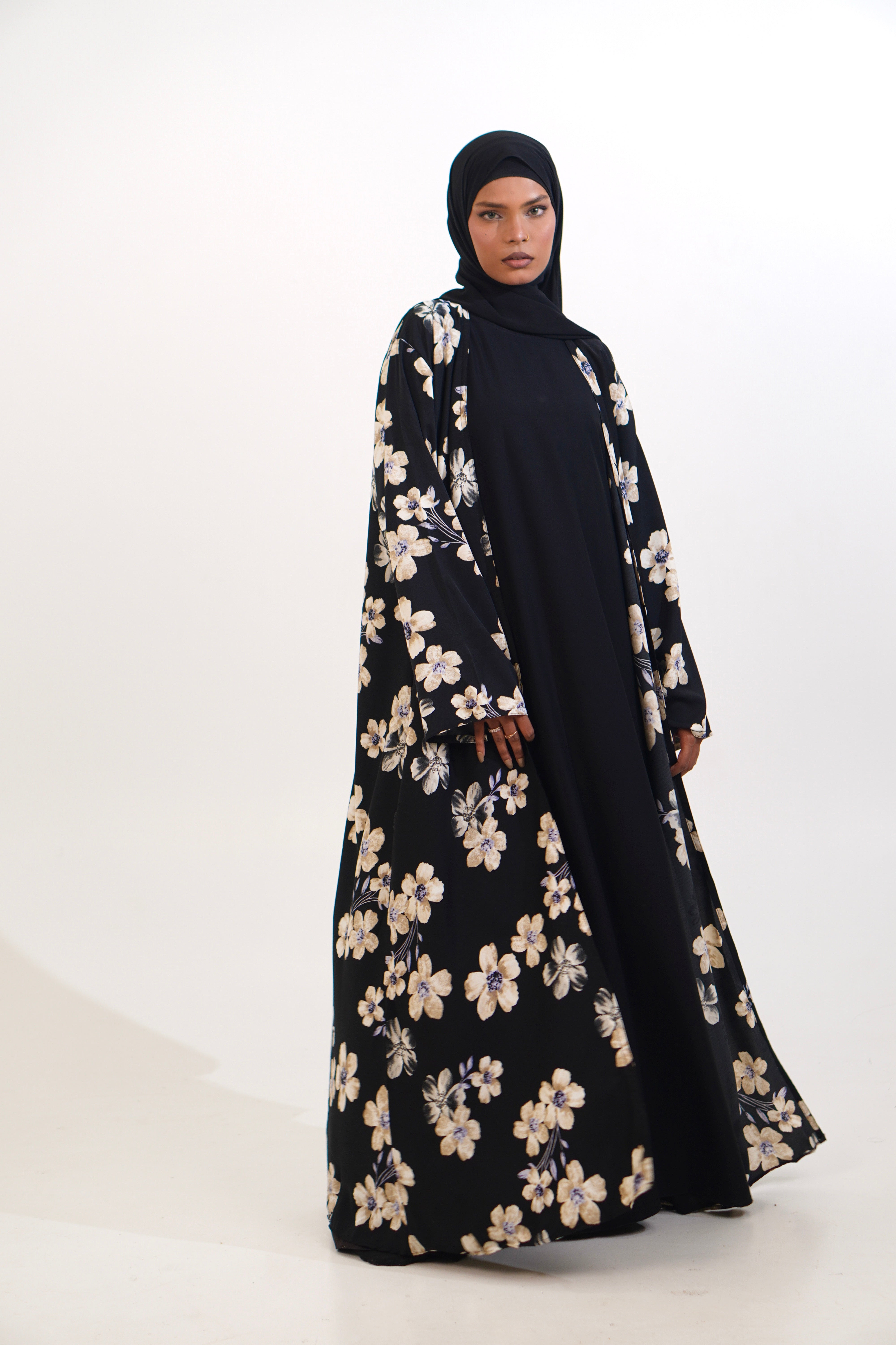 FLORAL PRINTED ABAYAH - BLACK