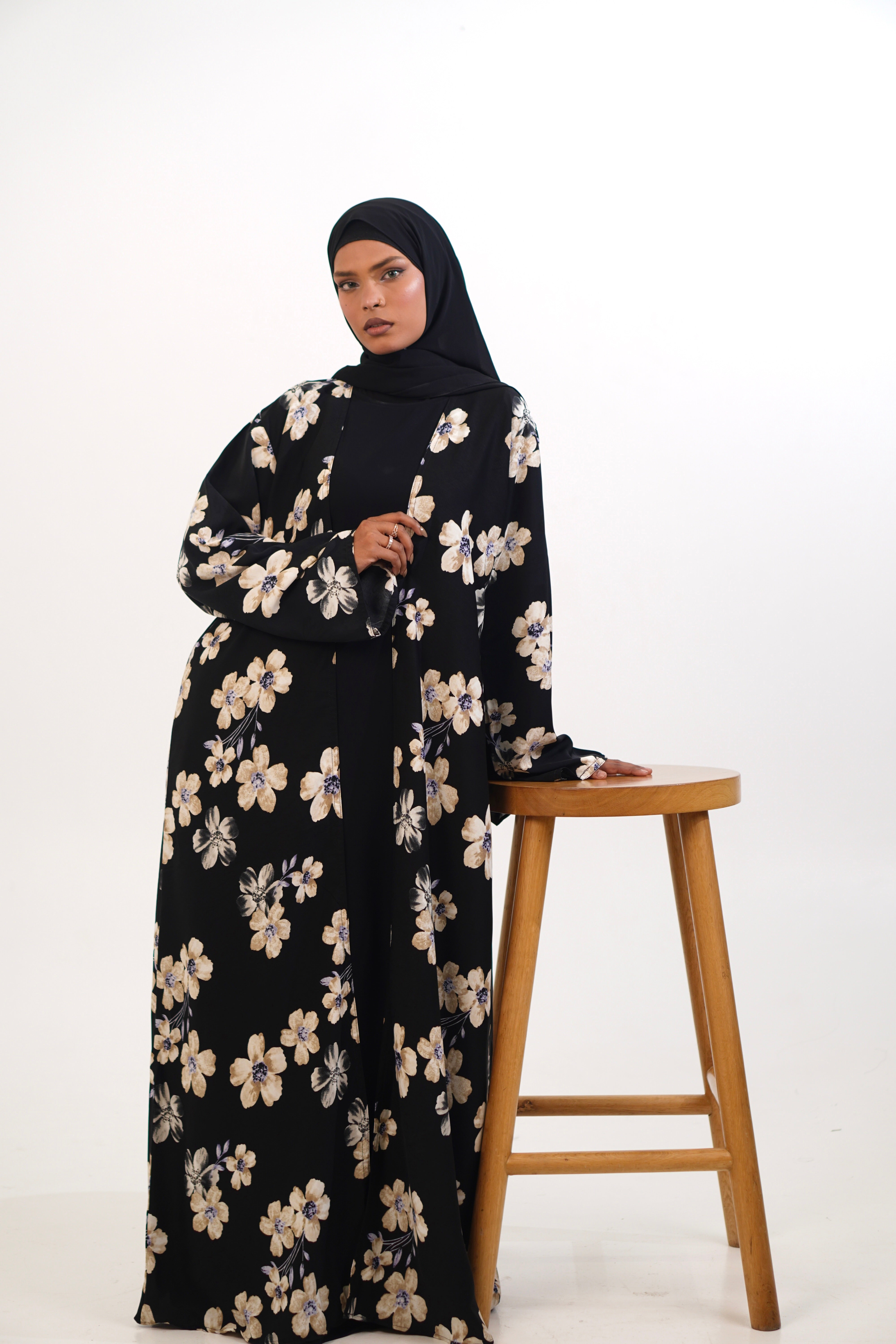 FLORAL PRINTED ABAYAH - BLACK