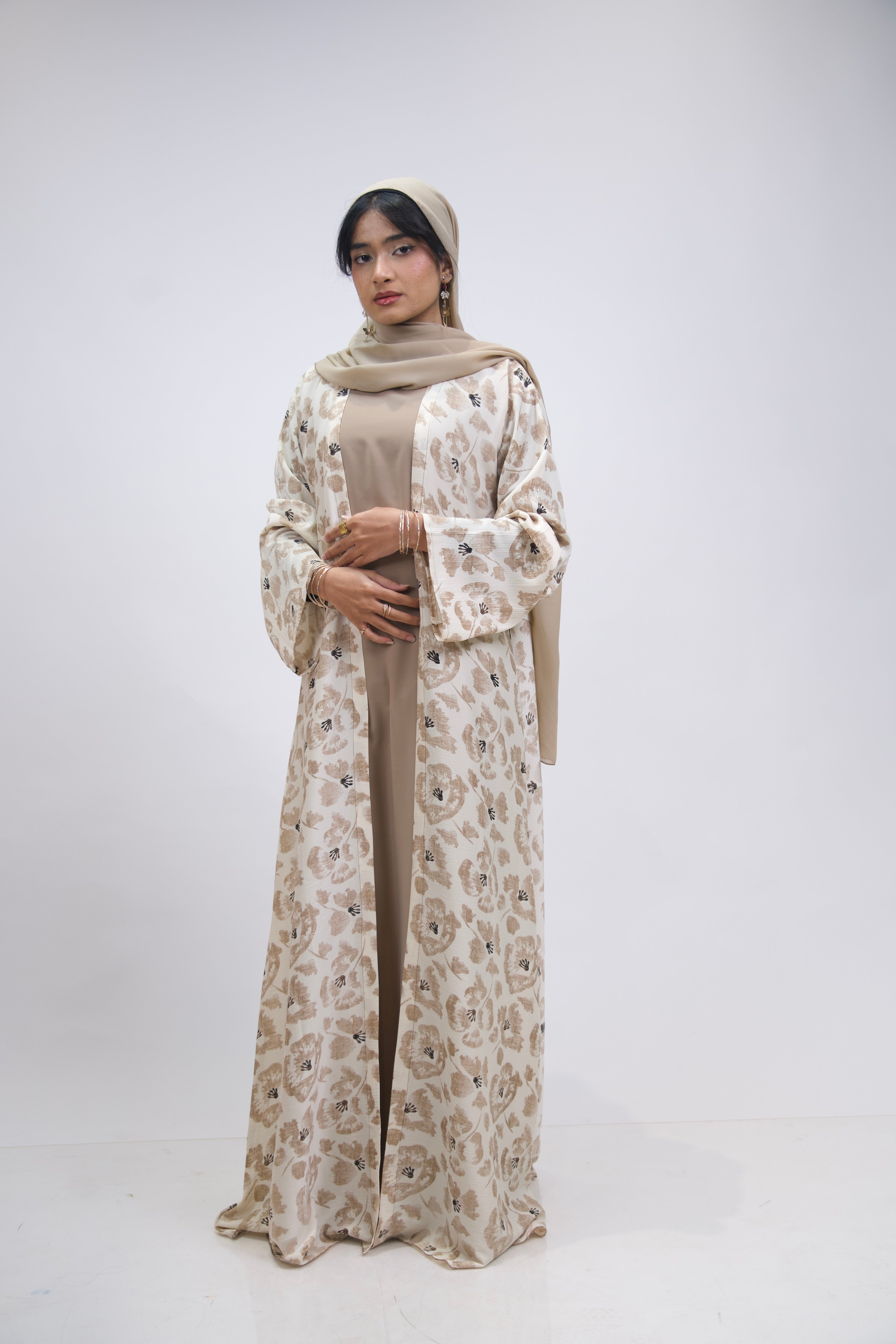 FLORAL PRINTED ABAYAH - BEIGE