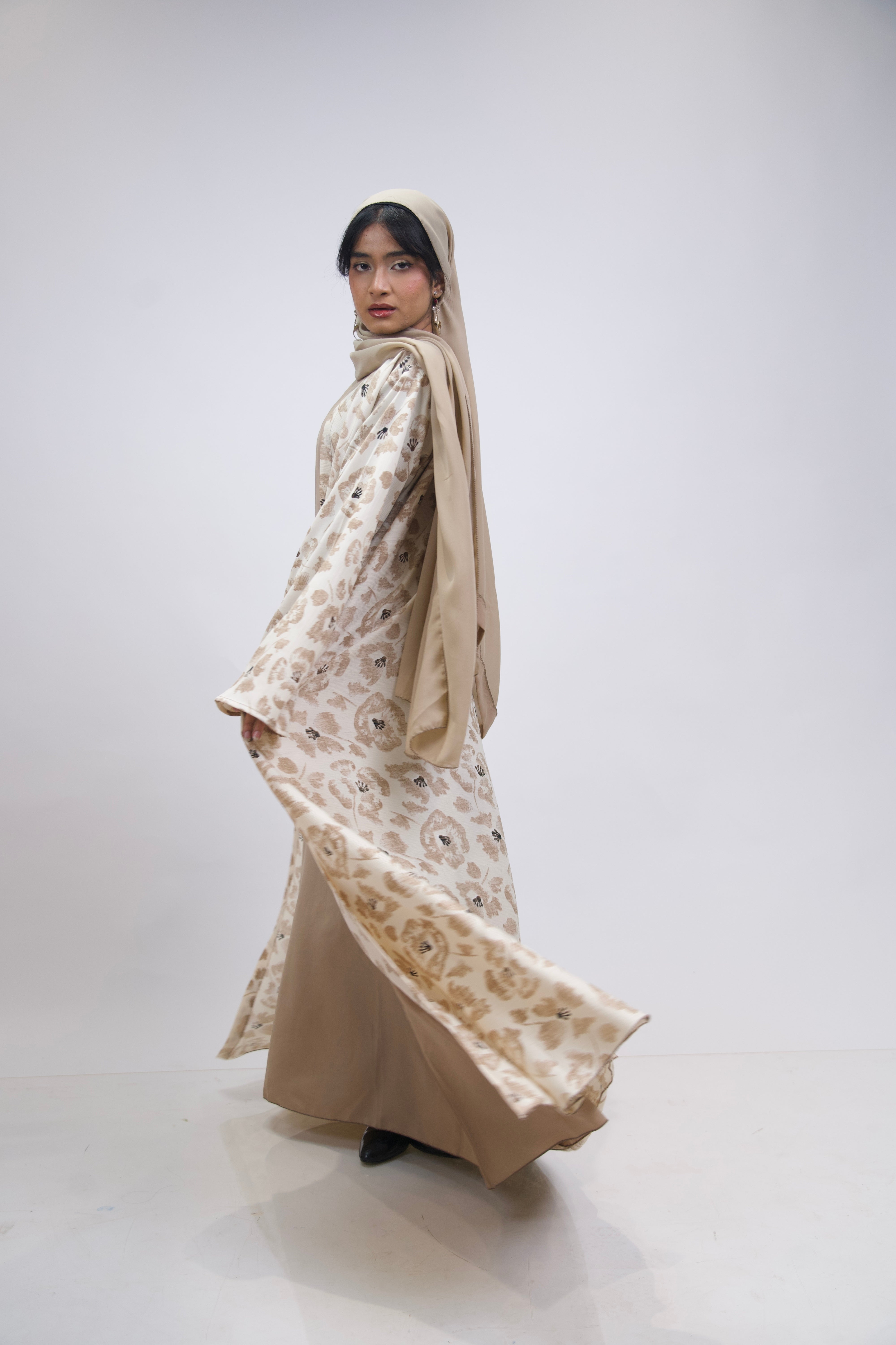 FLORAL PRINTED ABAYAH - BEIGE