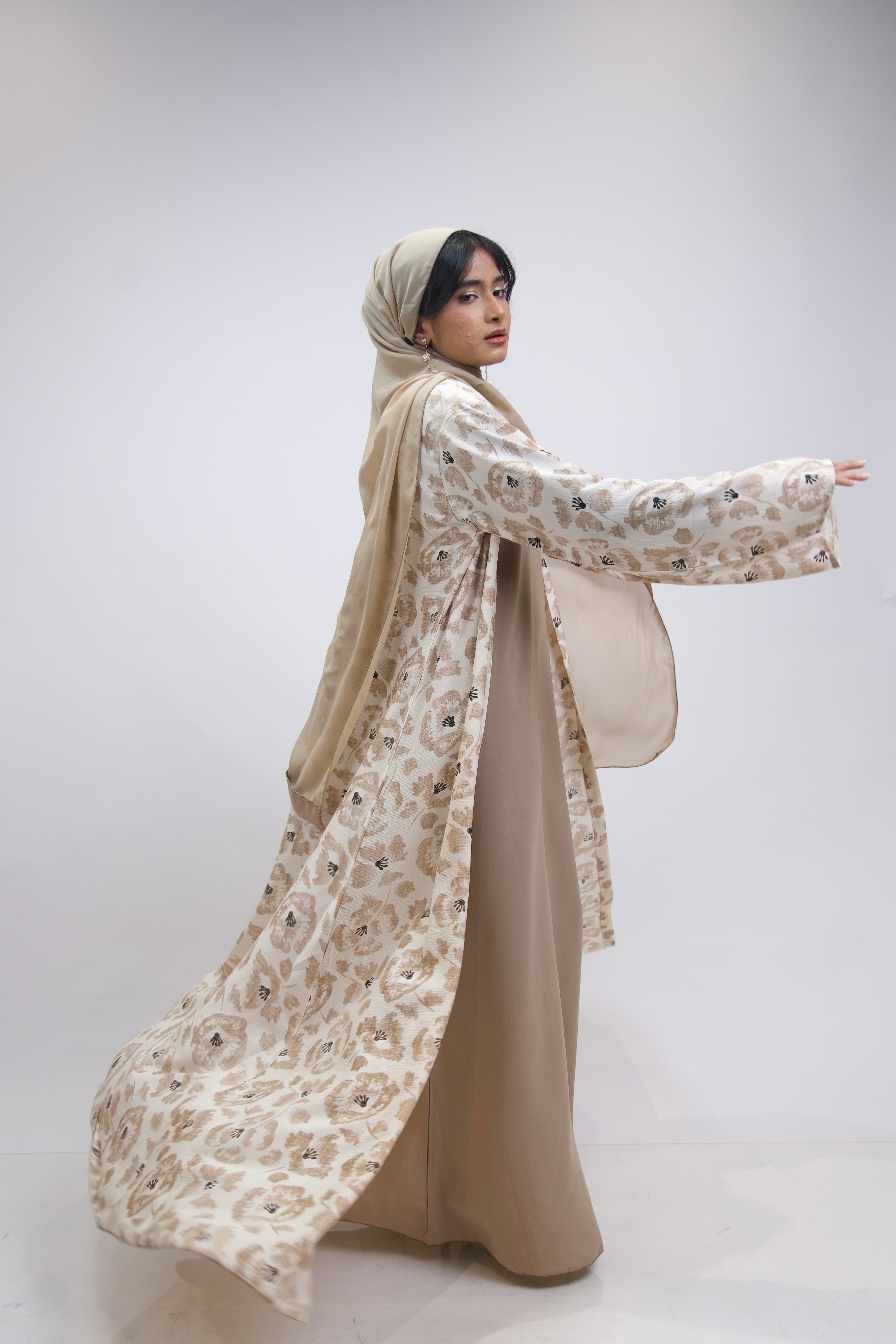 FLORAL PRINTED ABAYAH - BEIGE