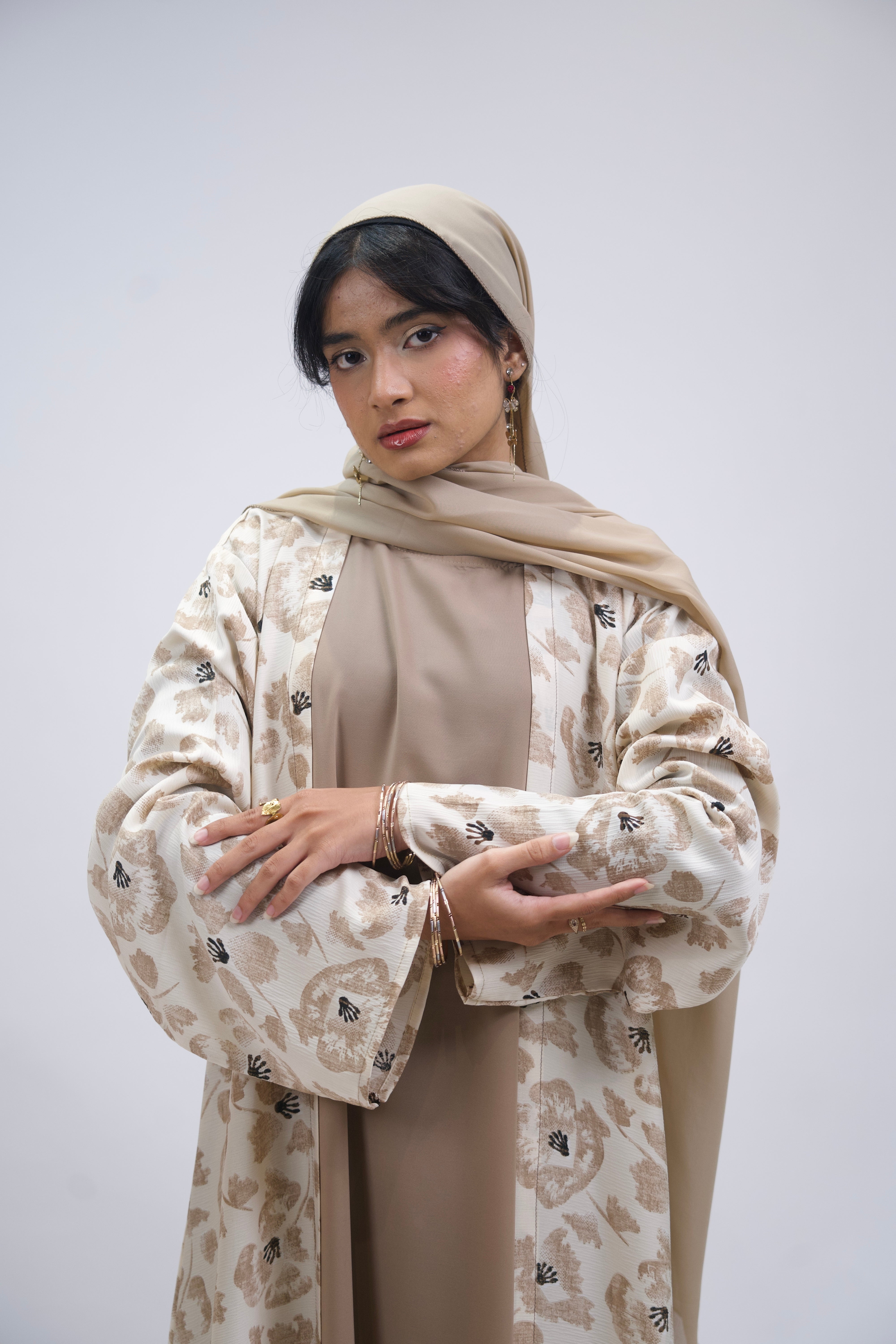 FLORAL PRINTED ABAYAH - BEIGE