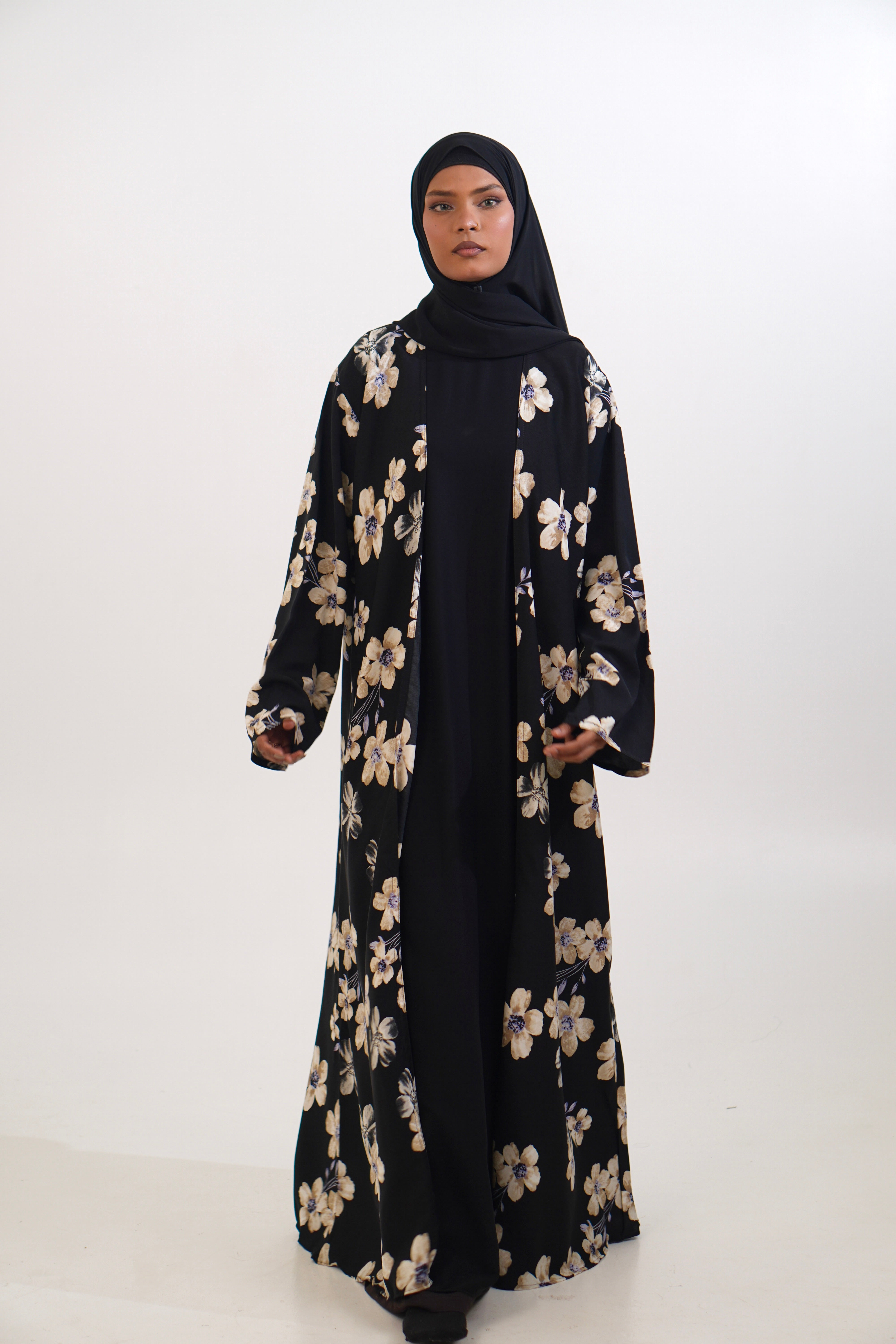 FLORAL PRINTED ABAYAH - BLACK