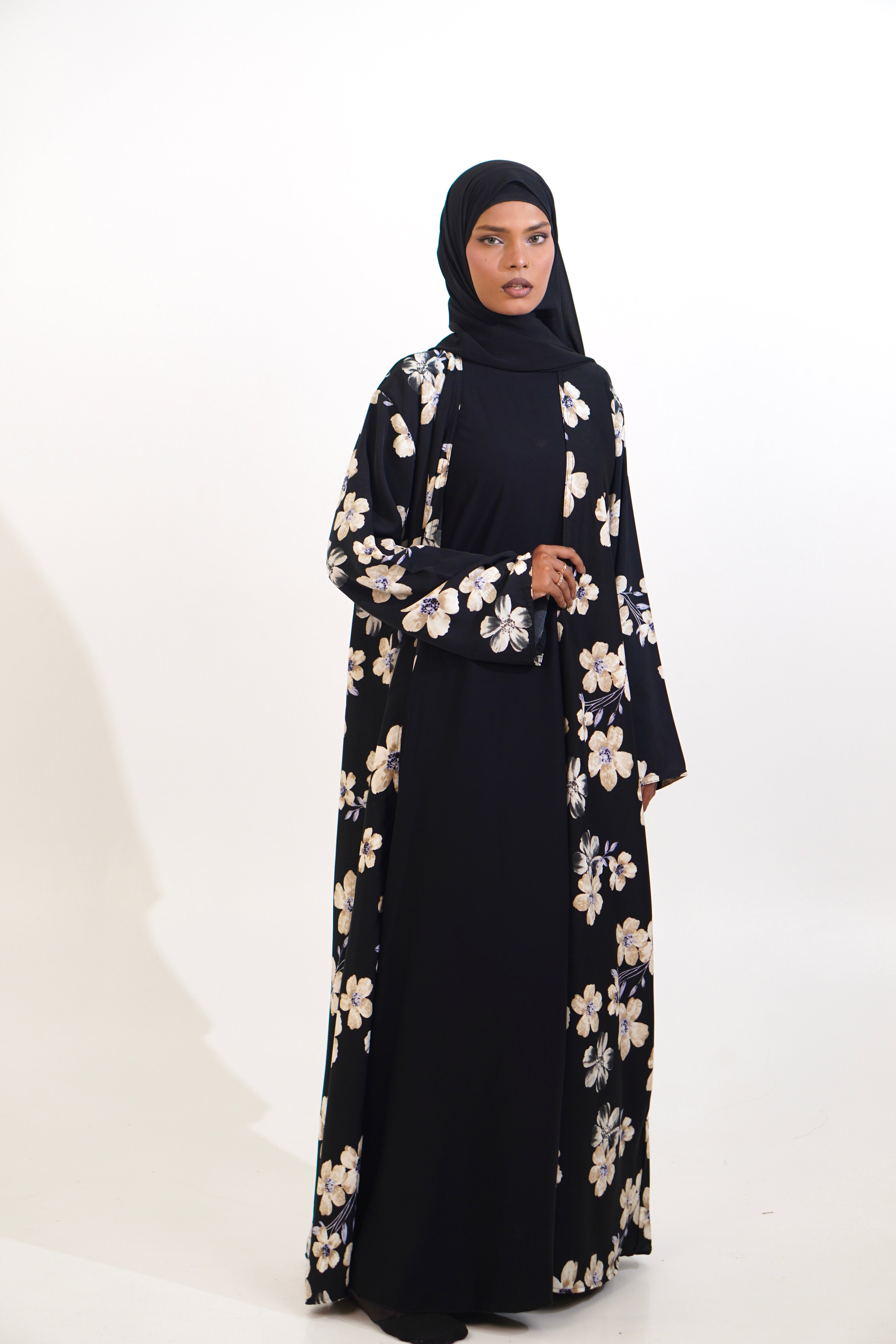 FLORAL PRINTED ABAYAH - BLACK