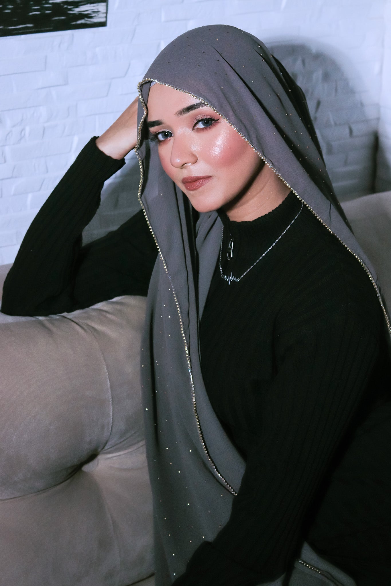 Rhinestone Hijab - Sterling Grey