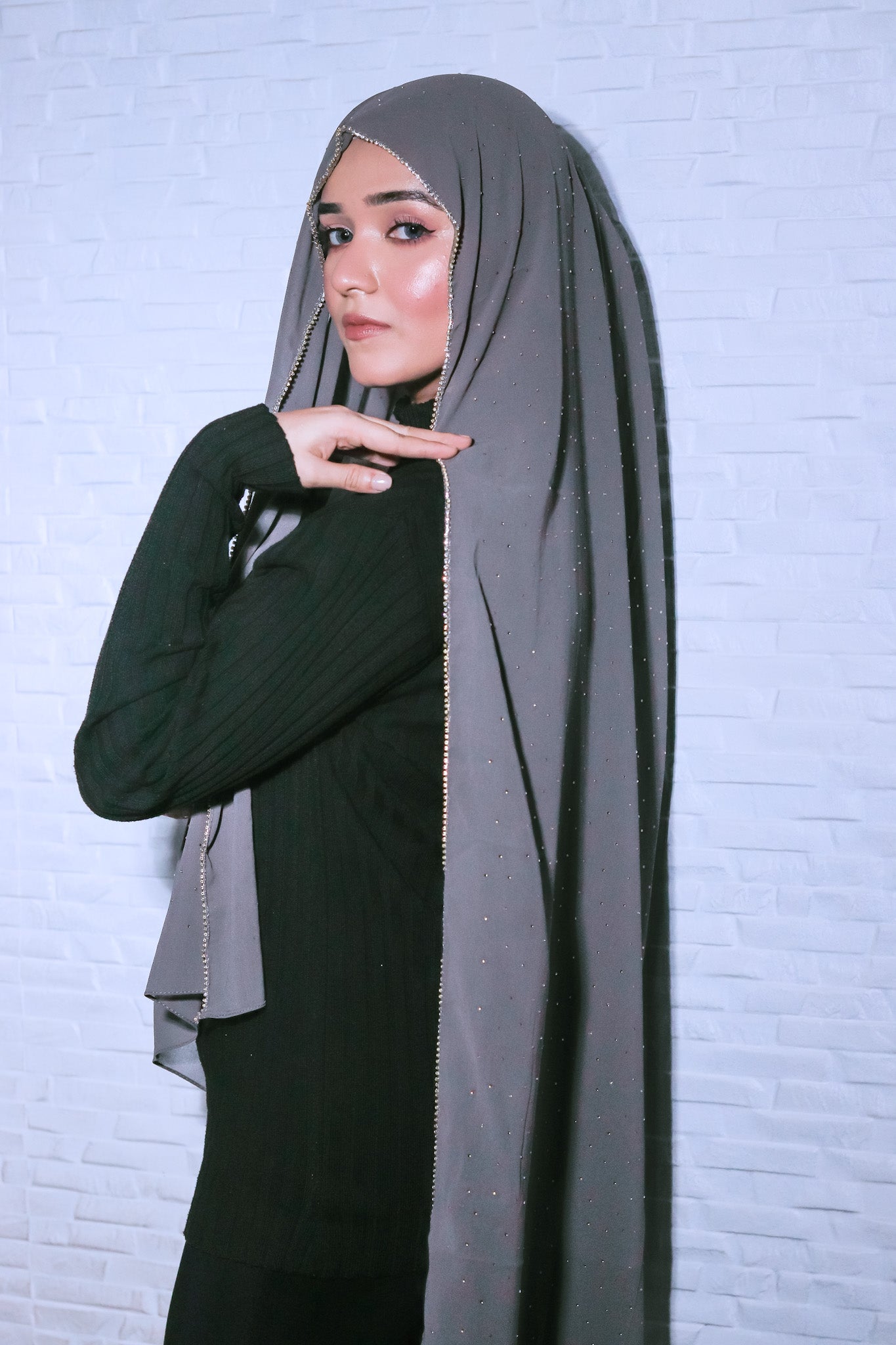 Rhinestone Hijab - Sterling Grey