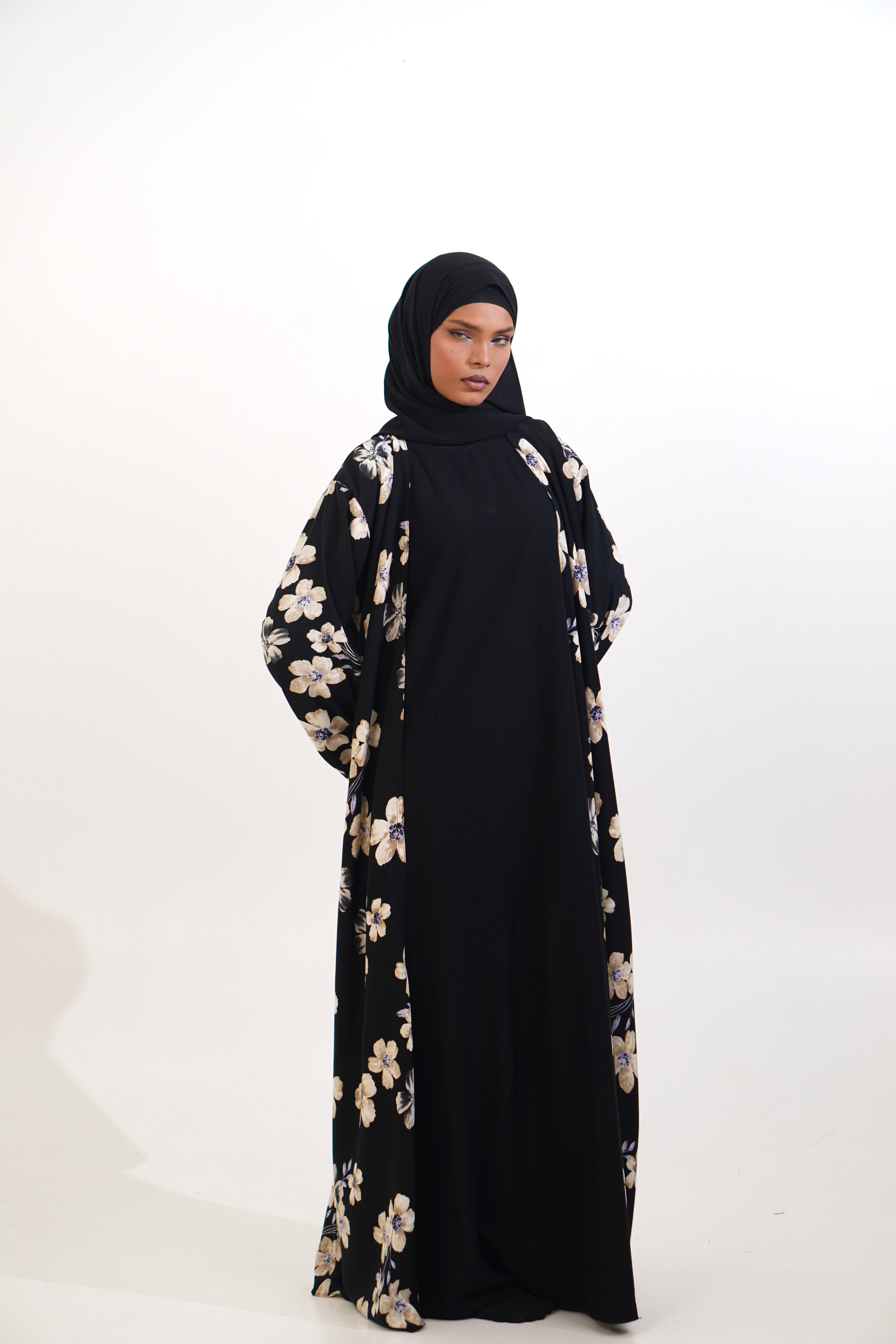 FLORAL PRINTED ABAYAH - BLACK