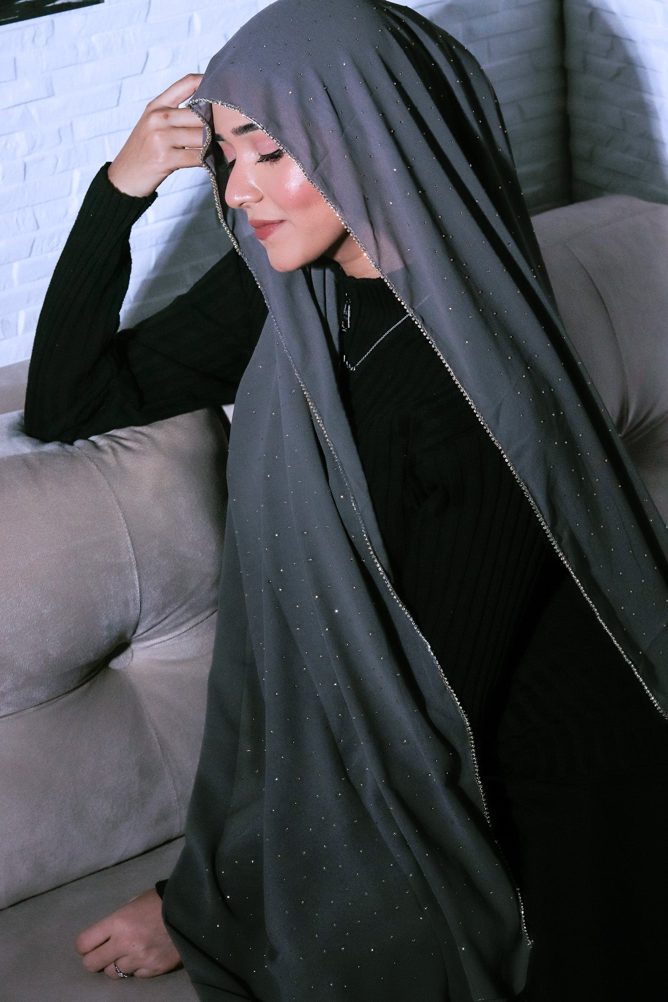Rhinestone Hijab - Sterling Grey