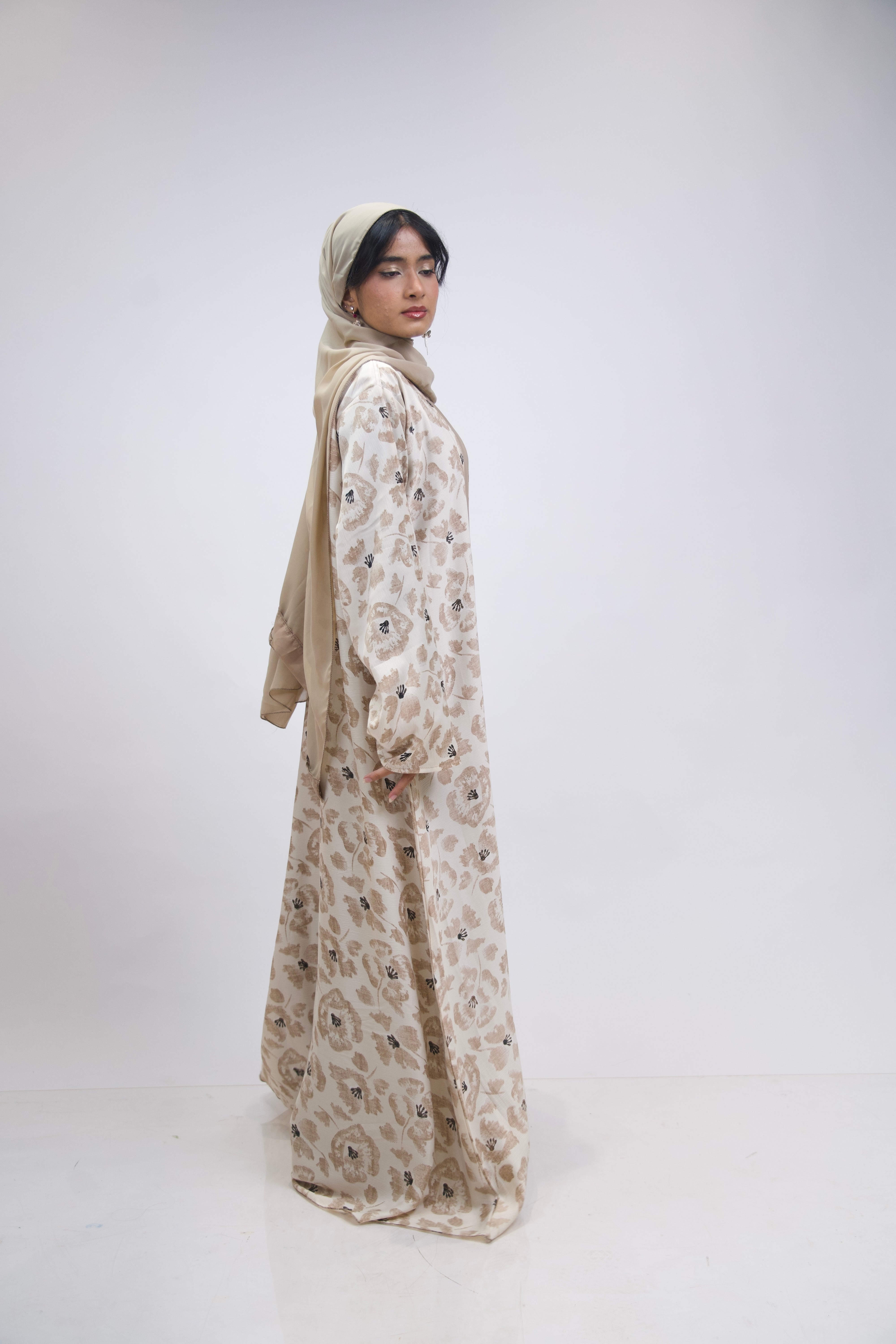 FLORAL PRINTED ABAYAH - BEIGE