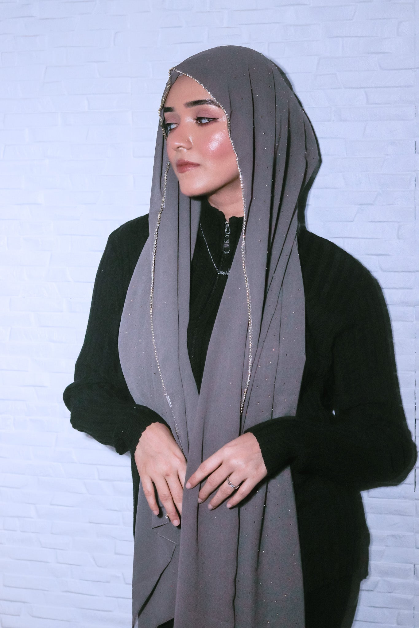 Rhinestone Hijab - Sterling Grey