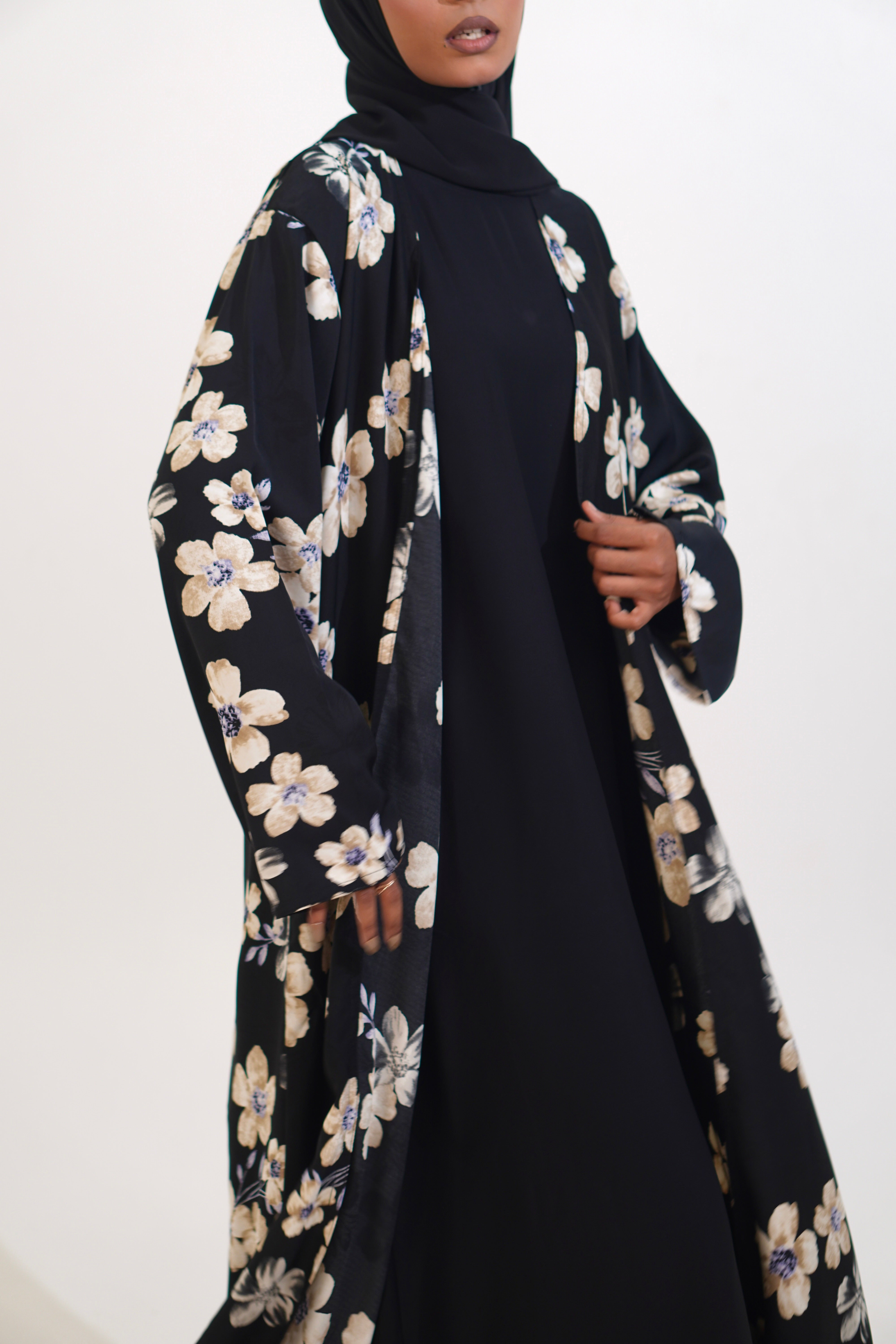 FLORAL PRINTED ABAYAH - BLACK