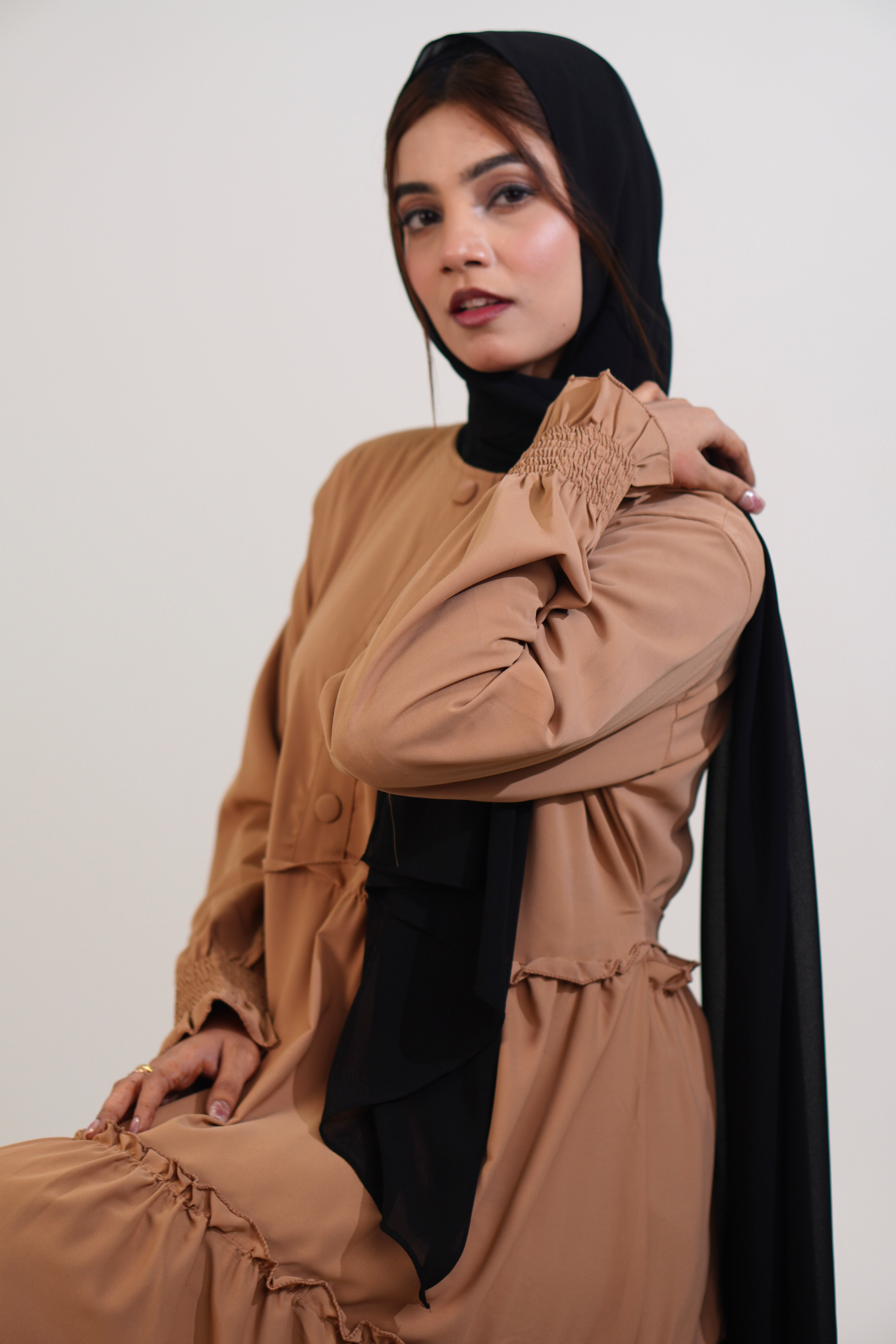 Feriha Ruffled Dress (Matte) - BEIGE