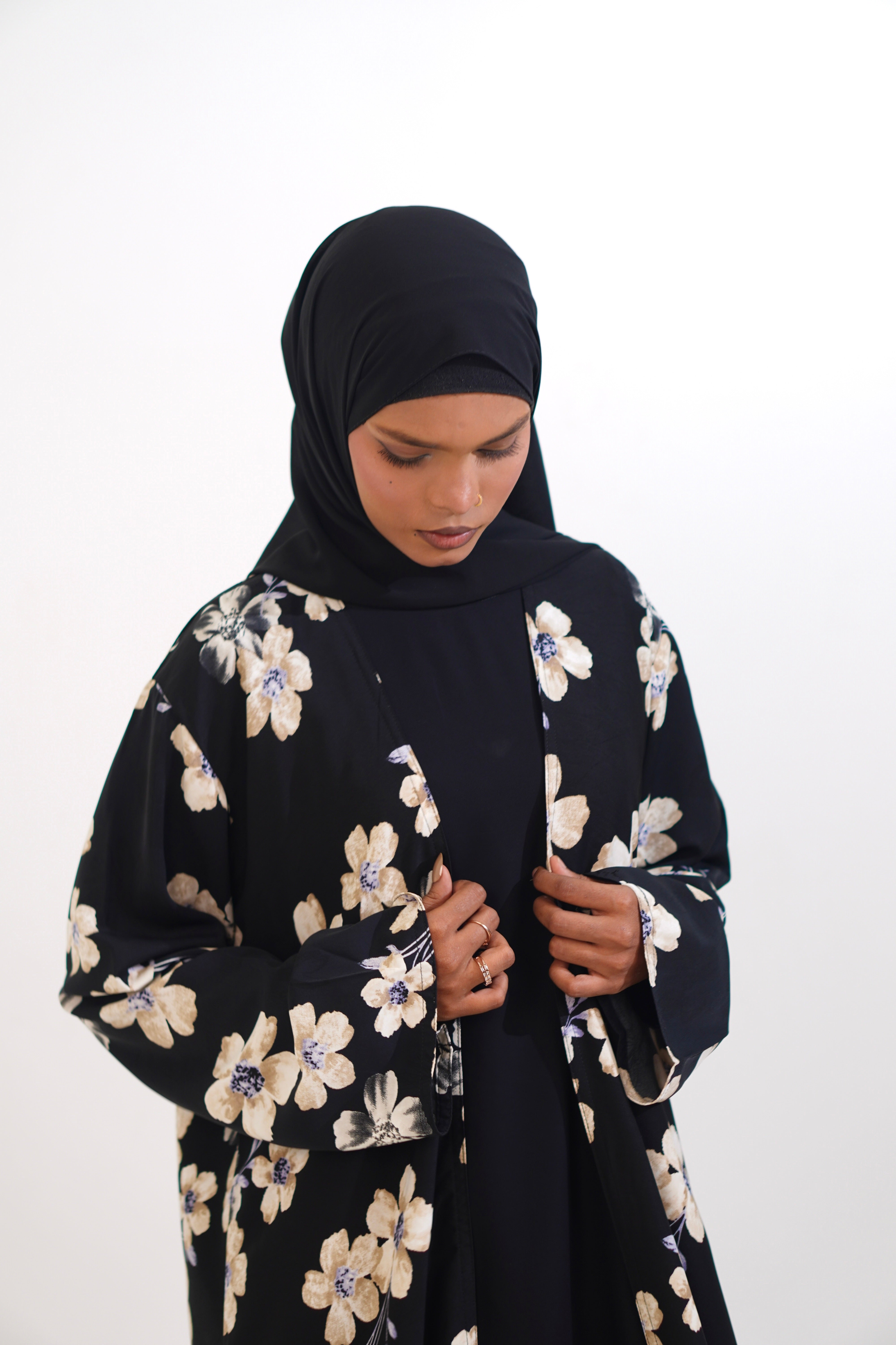 FLORAL PRINTED ABAYAH - BLACK