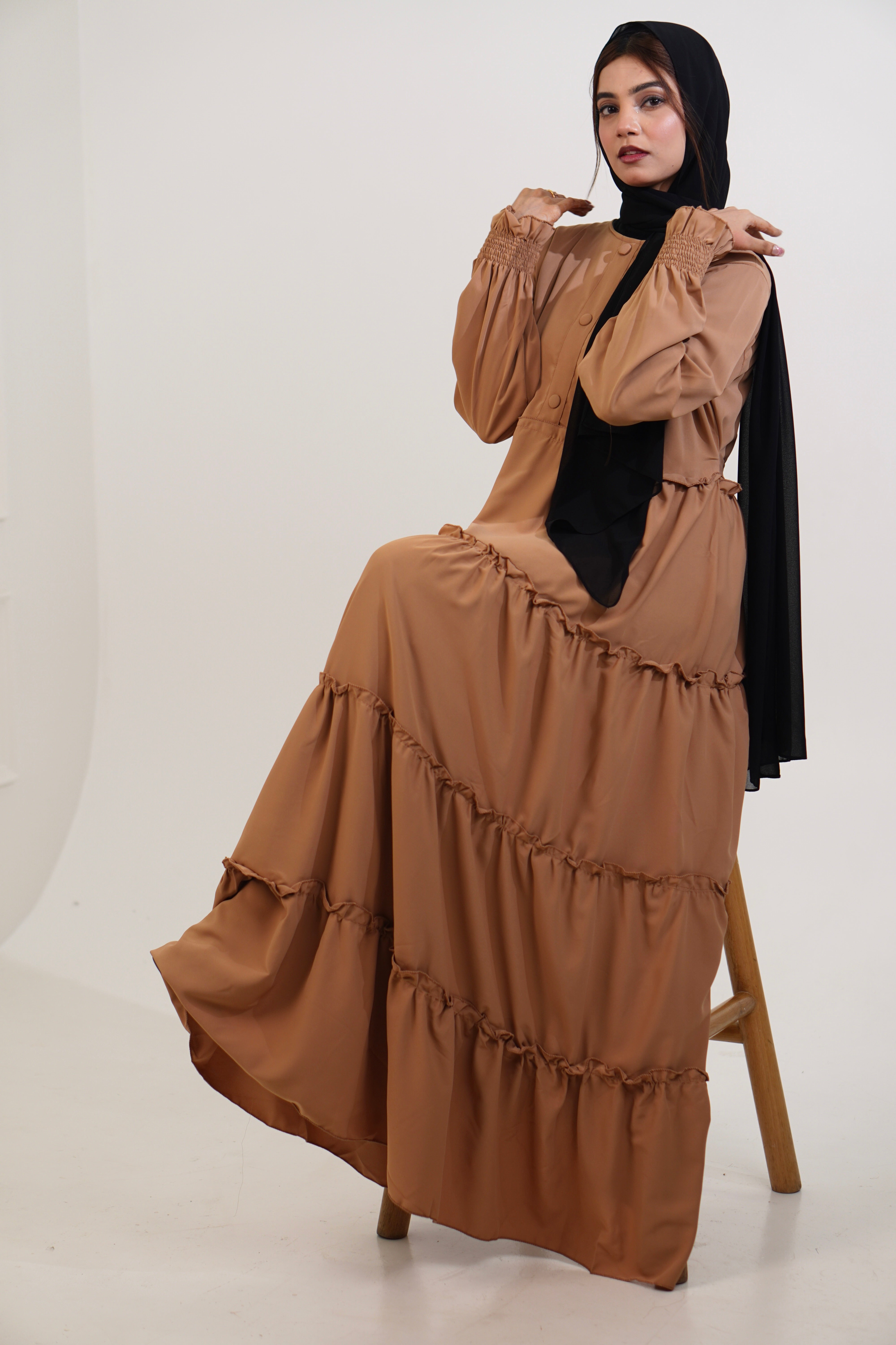 Feriha Ruffled Dress (Matte) - BEIGE