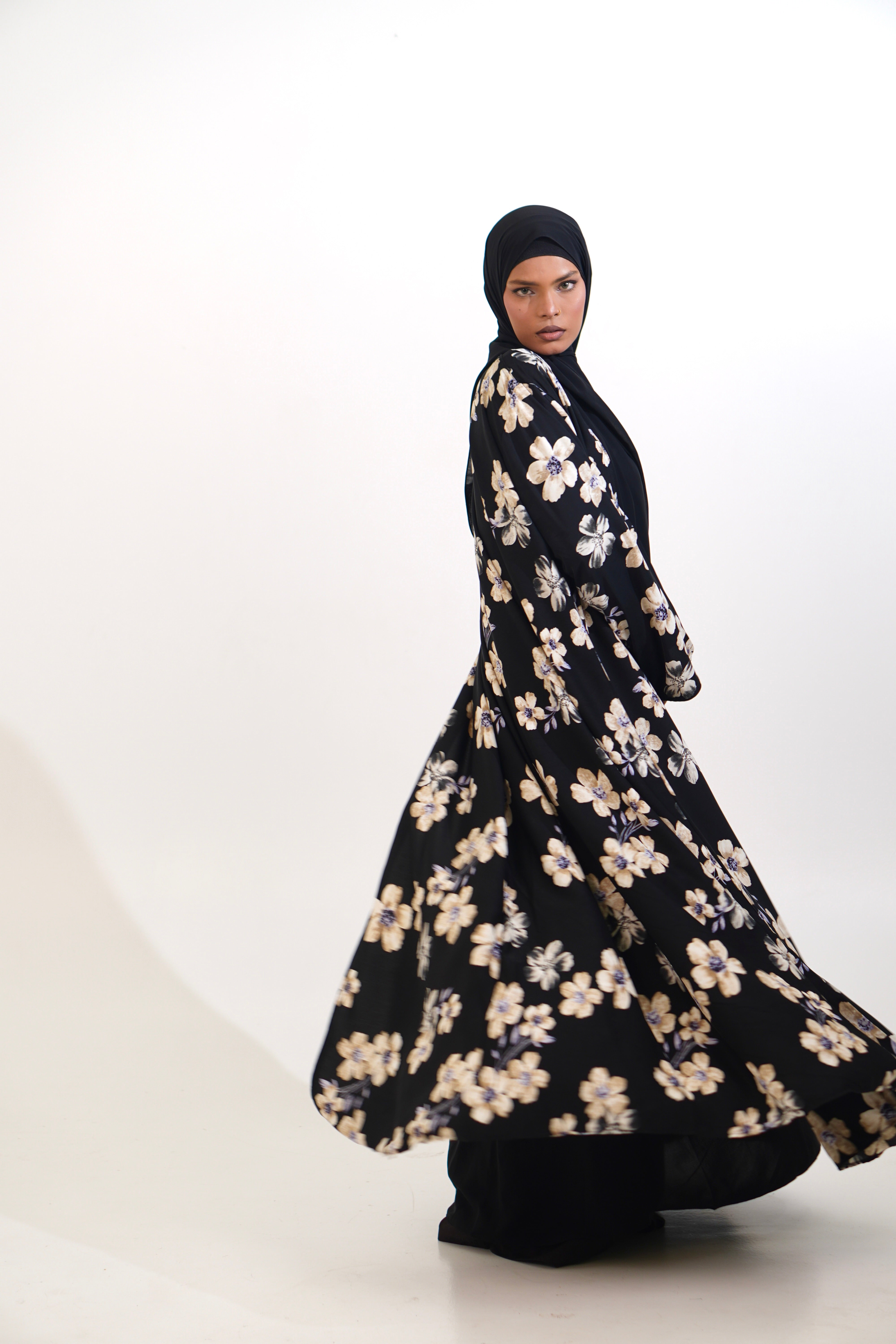 FLORAL PRINTED ABAYAH - BLACK