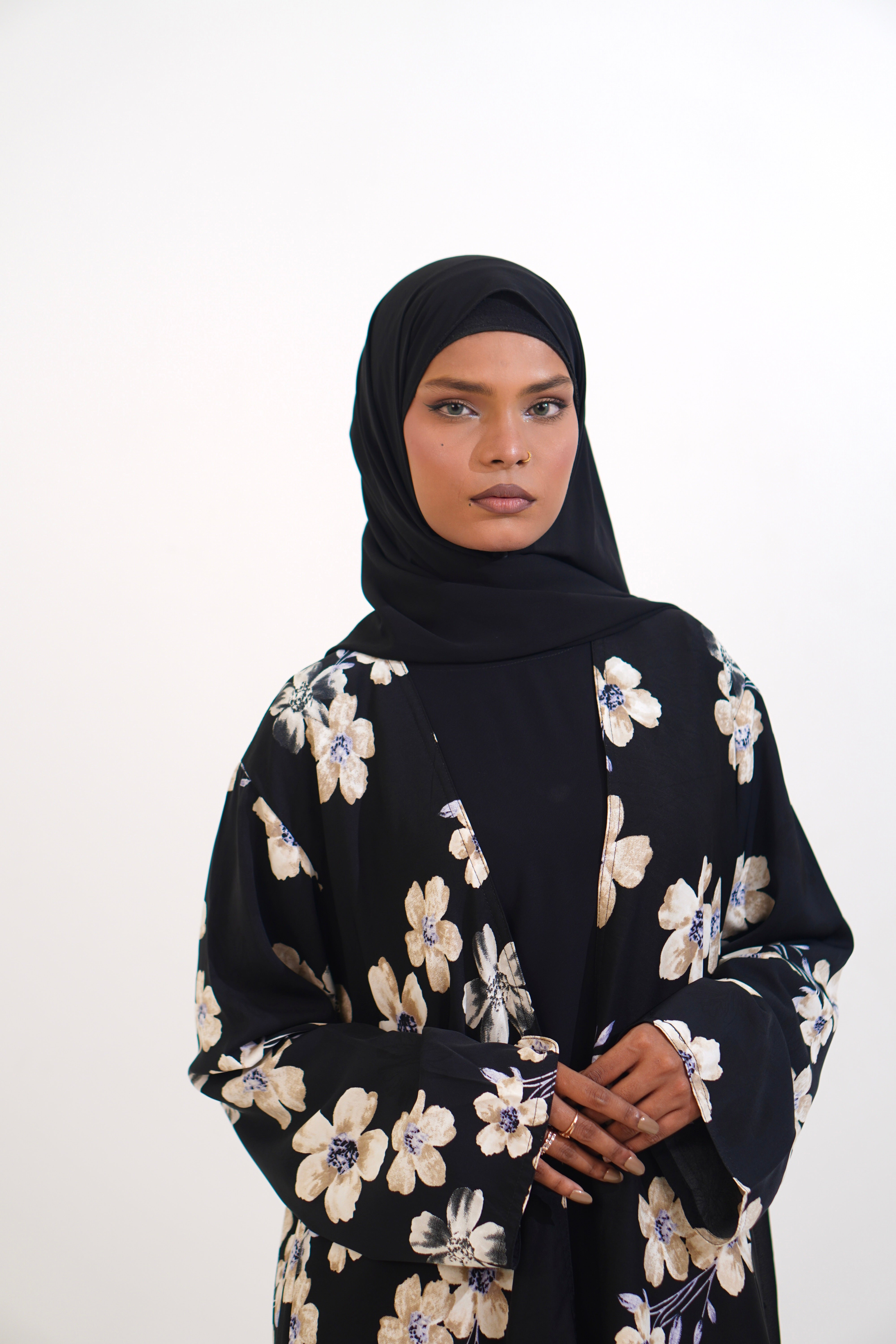 FLORAL PRINTED ABAYAH - BLACK