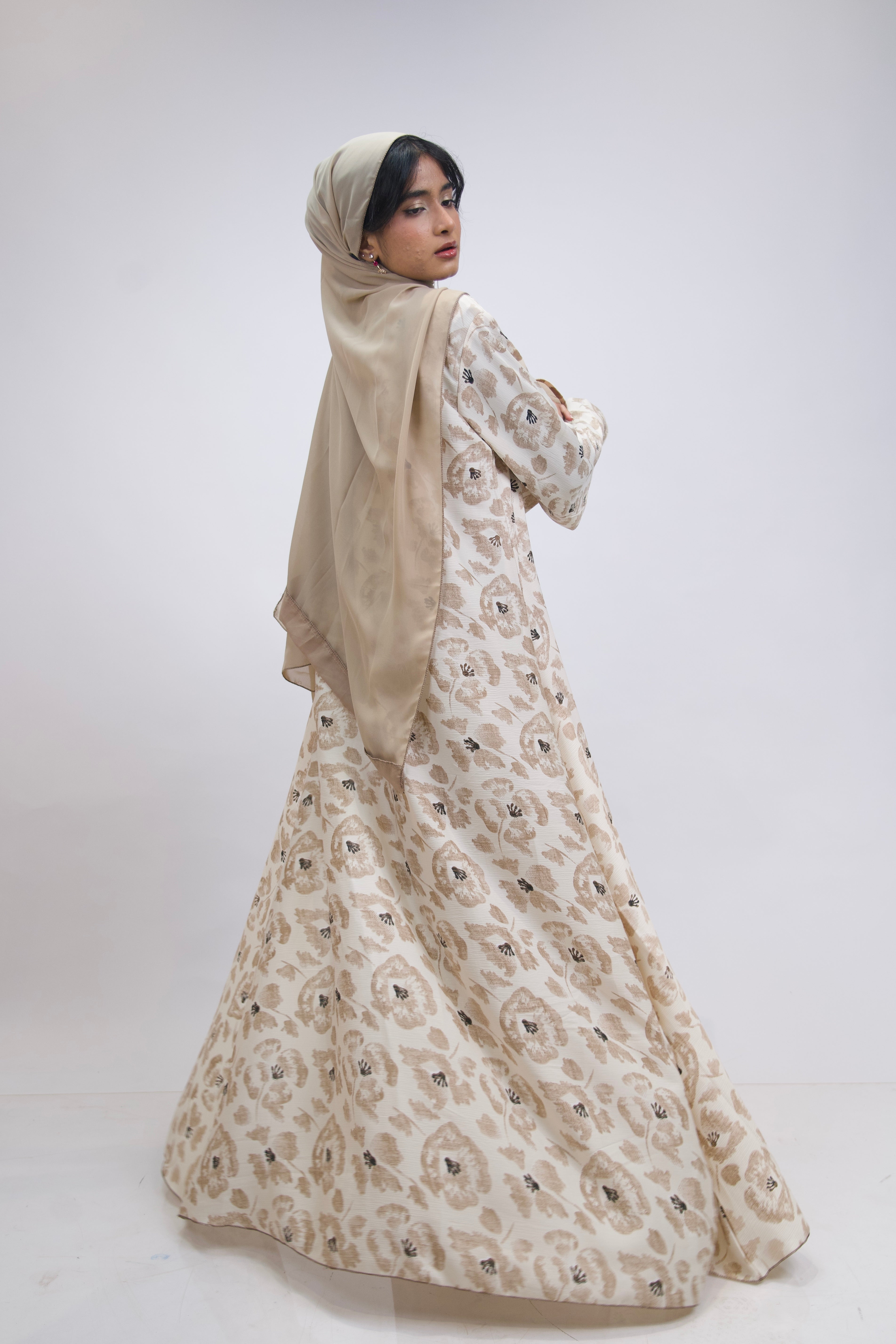 FLORAL PRINTED ABAYAH - BEIGE