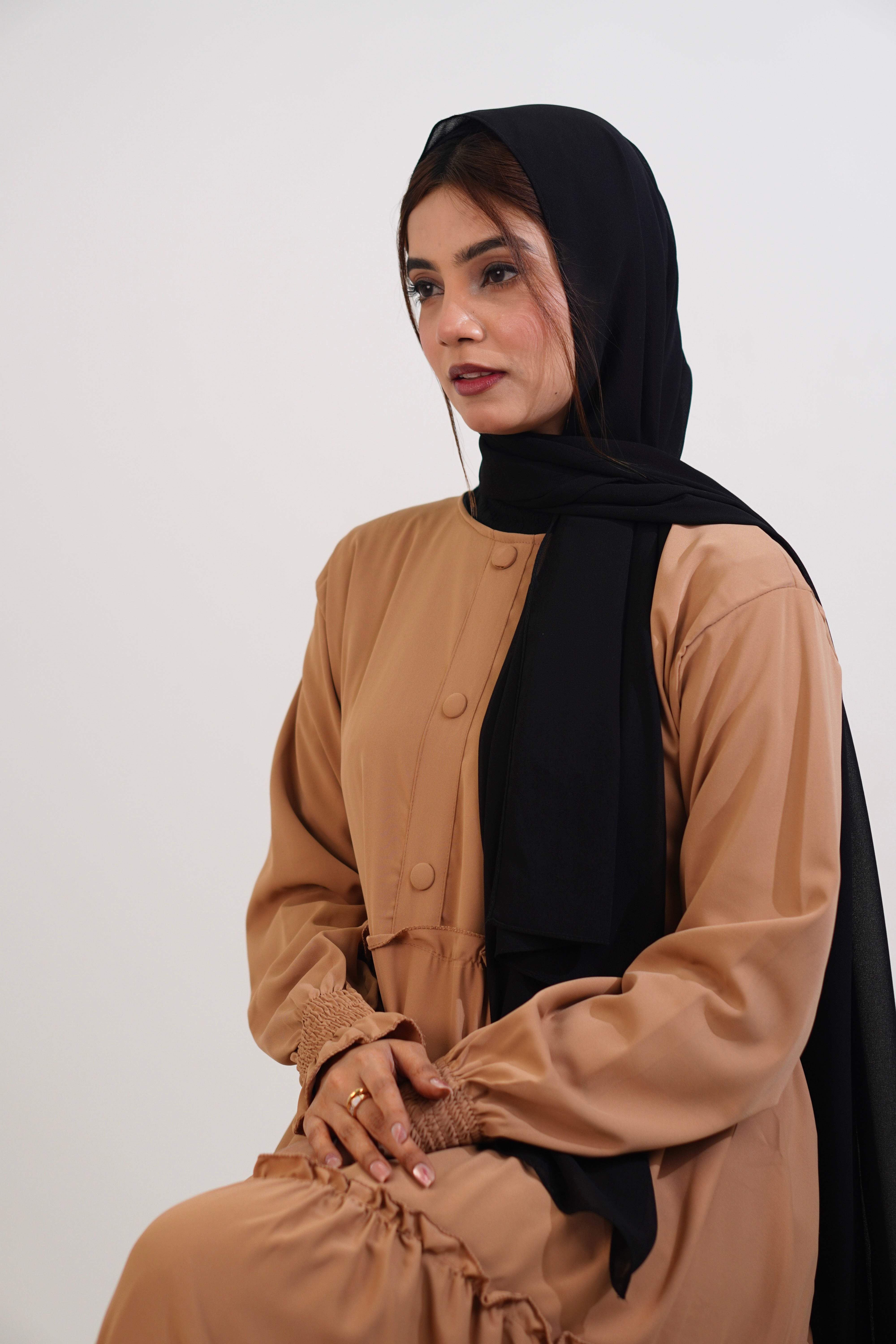 Feriha Ruffled Dress (Matte) - BEIGE